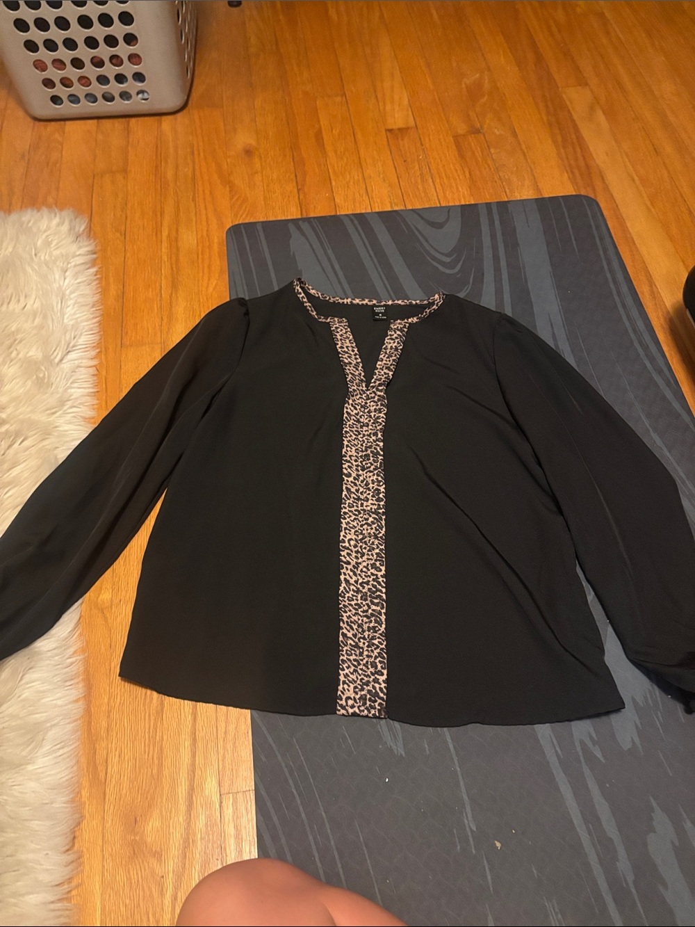 Black Long-Sleeve Blouse with Leopard Trim